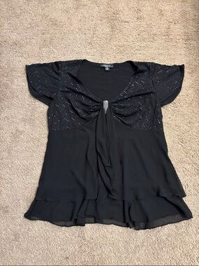 R&M Richards Black Rhinestone Tie-Front Layered Flutter Sleeve Blouse